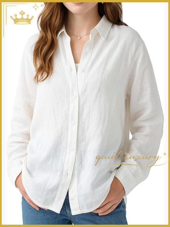 Tops - Oversize Linen Button Down Shirt V-Neck Long Sleeve Casual Office Top